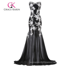 Elegant Long Evening Dress Decote Black Tulle Evening Dress Com Lace Applique CL6257